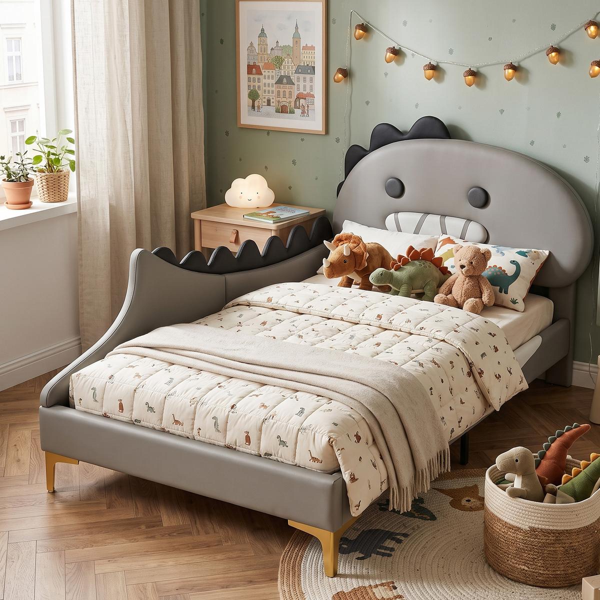 KINDERBETT pu dinosaurier design 90x200cm mit lattenrost - Grau, Leder (90/200cm) - Urban Meuble