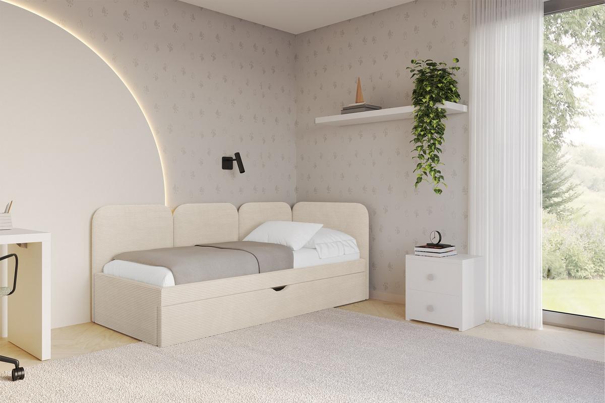 EINZELLBETT Jugendbett mit Bettkasten und Matratze H3/H4, Links - ALVY 90x200 Beige - Creme, Holzwerkstoff/Textil (90/200cm) - ALTDECOR