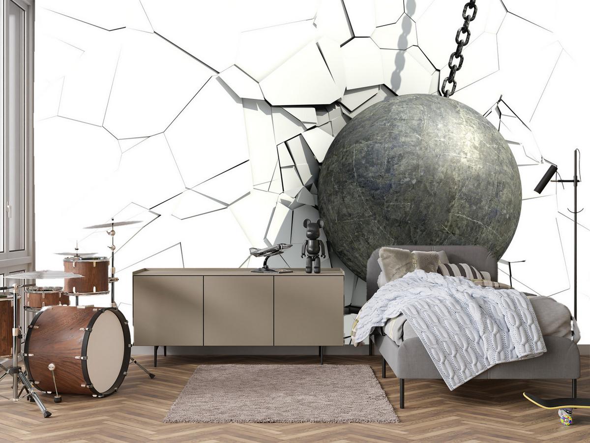 FOTOTAPETE für Büro Metallkugel Riss Weiße Wand 350x256 - Weiß/Grau, Papier (350/256cm) - Muralo