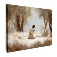 LEINWANDBILD Jesus - Kniend - Waldlandschaft - Betend Wandbild 40x30 cm - Beige/Hellblau, Textil (40/30cm) - MuchoWow