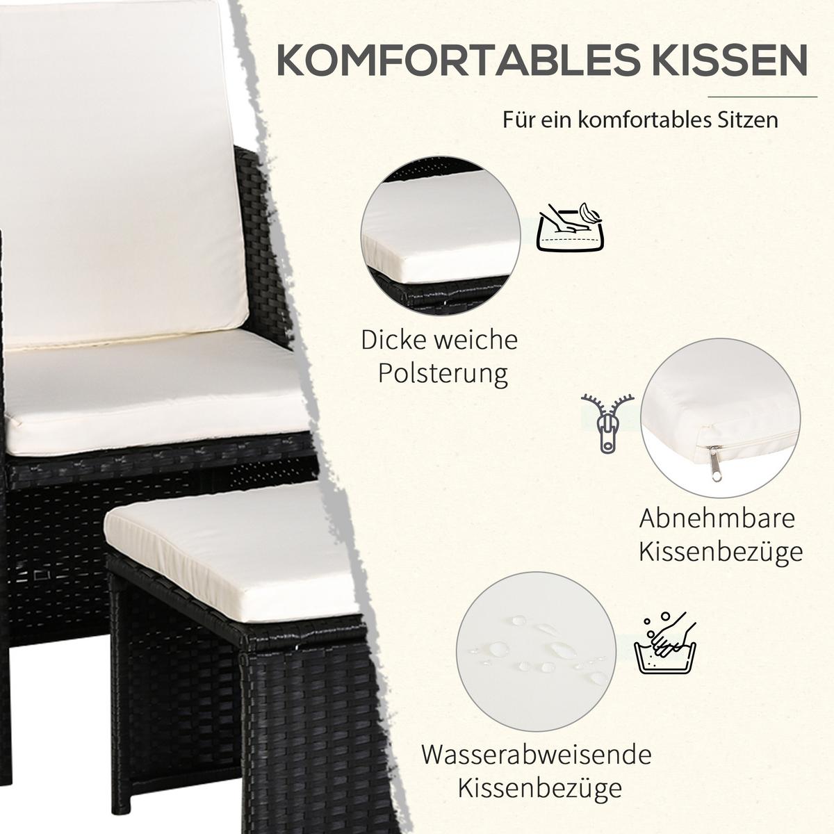 GARTENSET 11 tlg. mit Kissen Schwarz - Schwarz, Kunststoff - Outsunny
