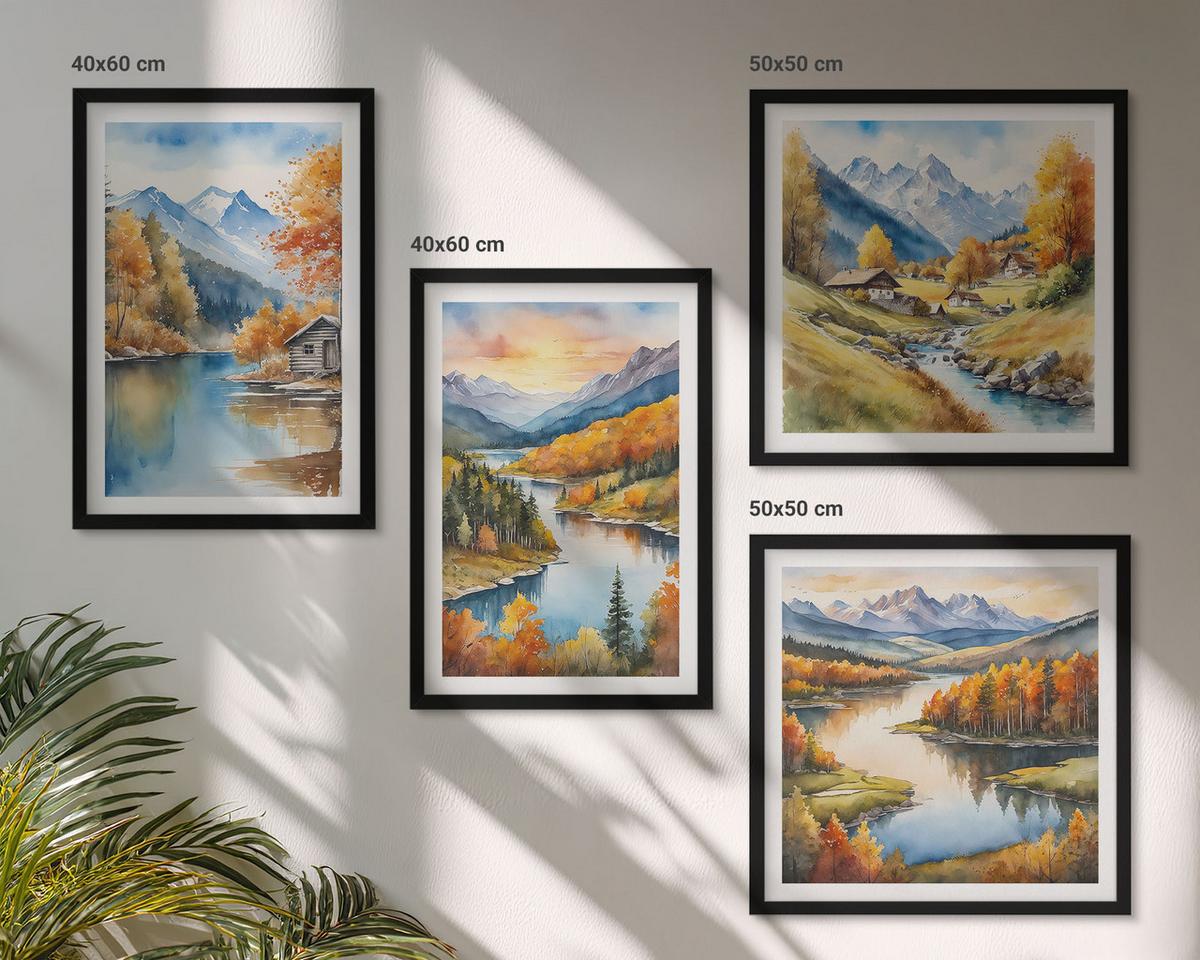 BILDER SET 4er Set - 50x50 cm & 40x60 cm Schwarzer Rahmen - Herbstliche Berge, Flusshütte - Schwarz, Kunststoff (50/50cm) - TULUP