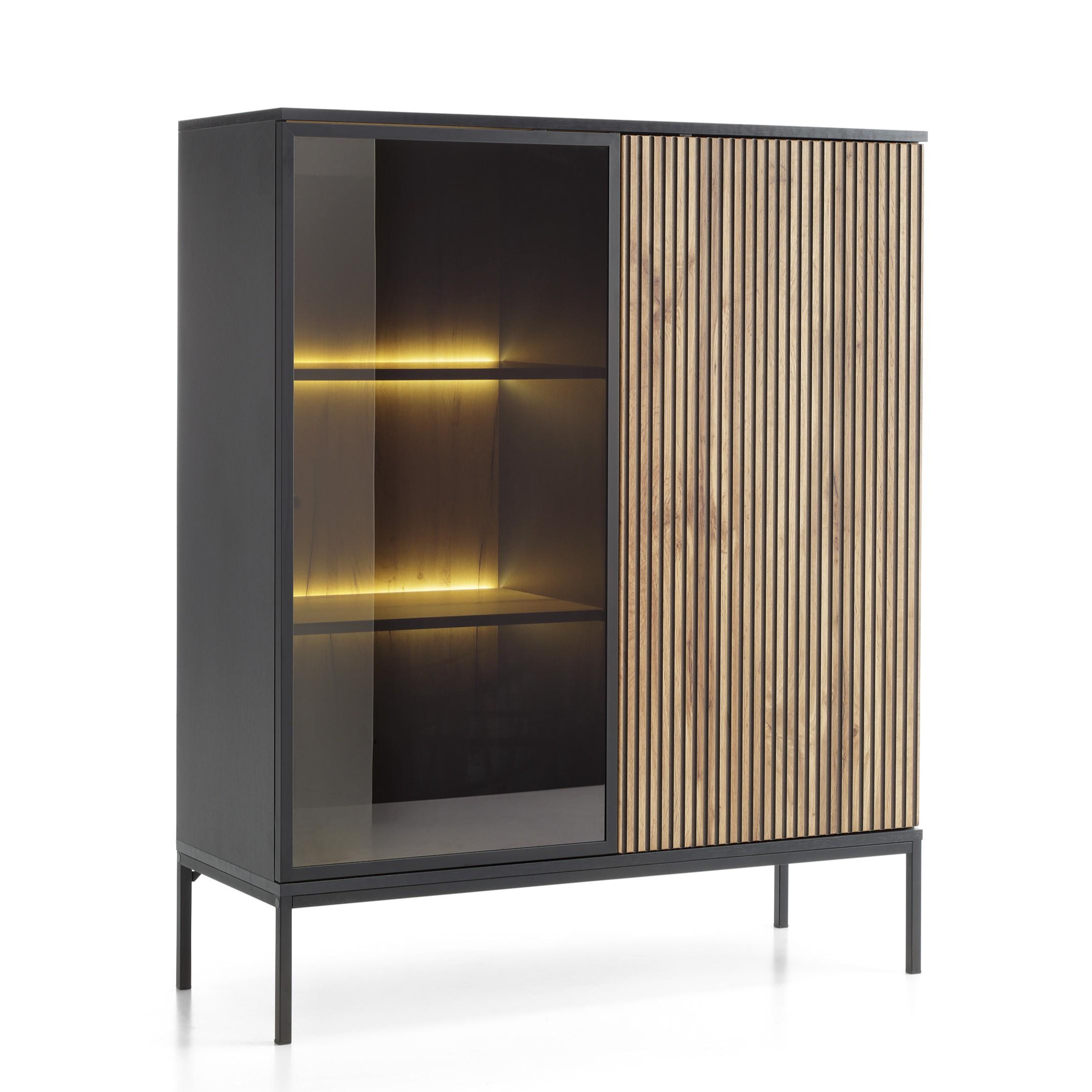 VITRINE SENTIERO 104 / 126 cm mit LED in Schwarz, Eiche Wotan - Schwarz, Holzwerkstoff (104/126/39cm) - MASSENO