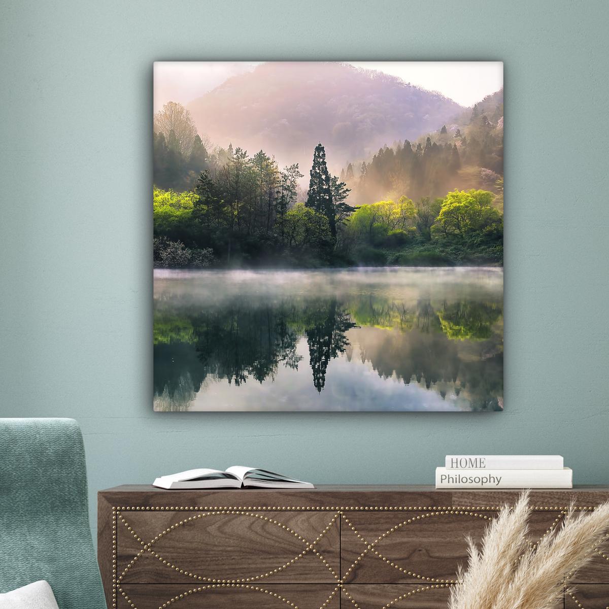 LEINWANDBILD Natur - Bäume - Berge - See - Wasser Deko Groß 90x90 cm - Hellgrün, Textil (90/90cm) - MuchoWow