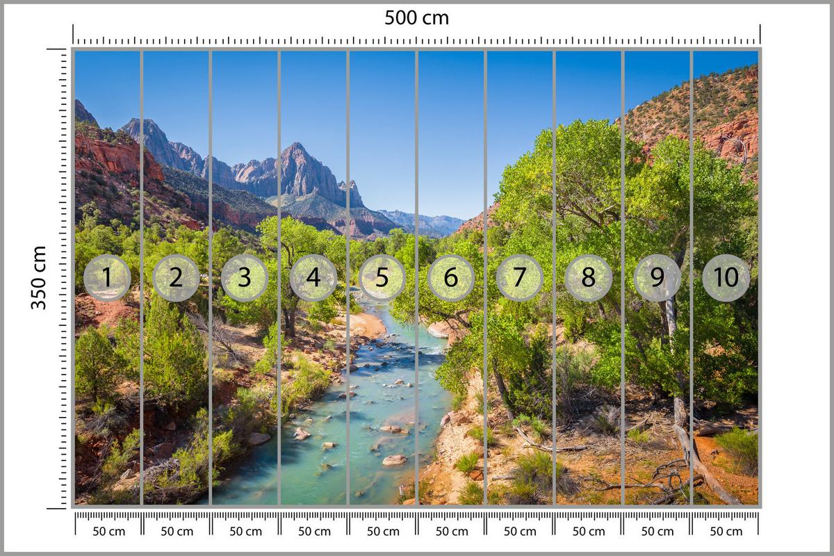 FOTOTAPETE für Esszimmer Virgin River Bäume Felsen Berge Natur 500x350 - Türkis/Blau, Papier (500/350cm) - Muralo