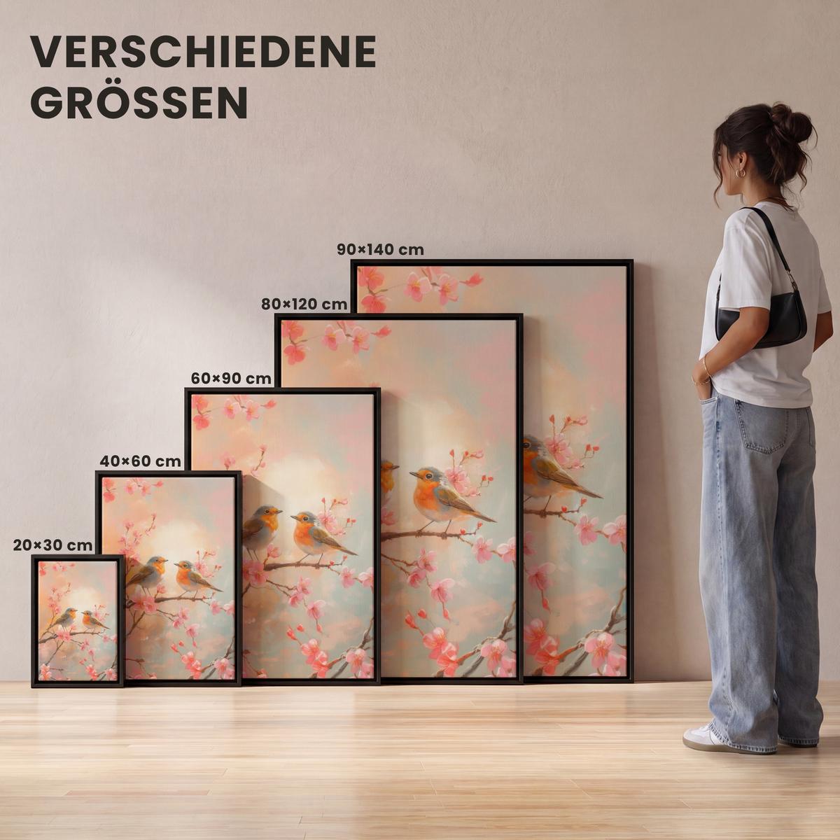 LEINWAND Bilder mit Rahmen - Rotkehlchen - Zierpflanze - Blütenzweig - 20x30 - Hellrosa, Textil (20/30cm) - MuchoWow
