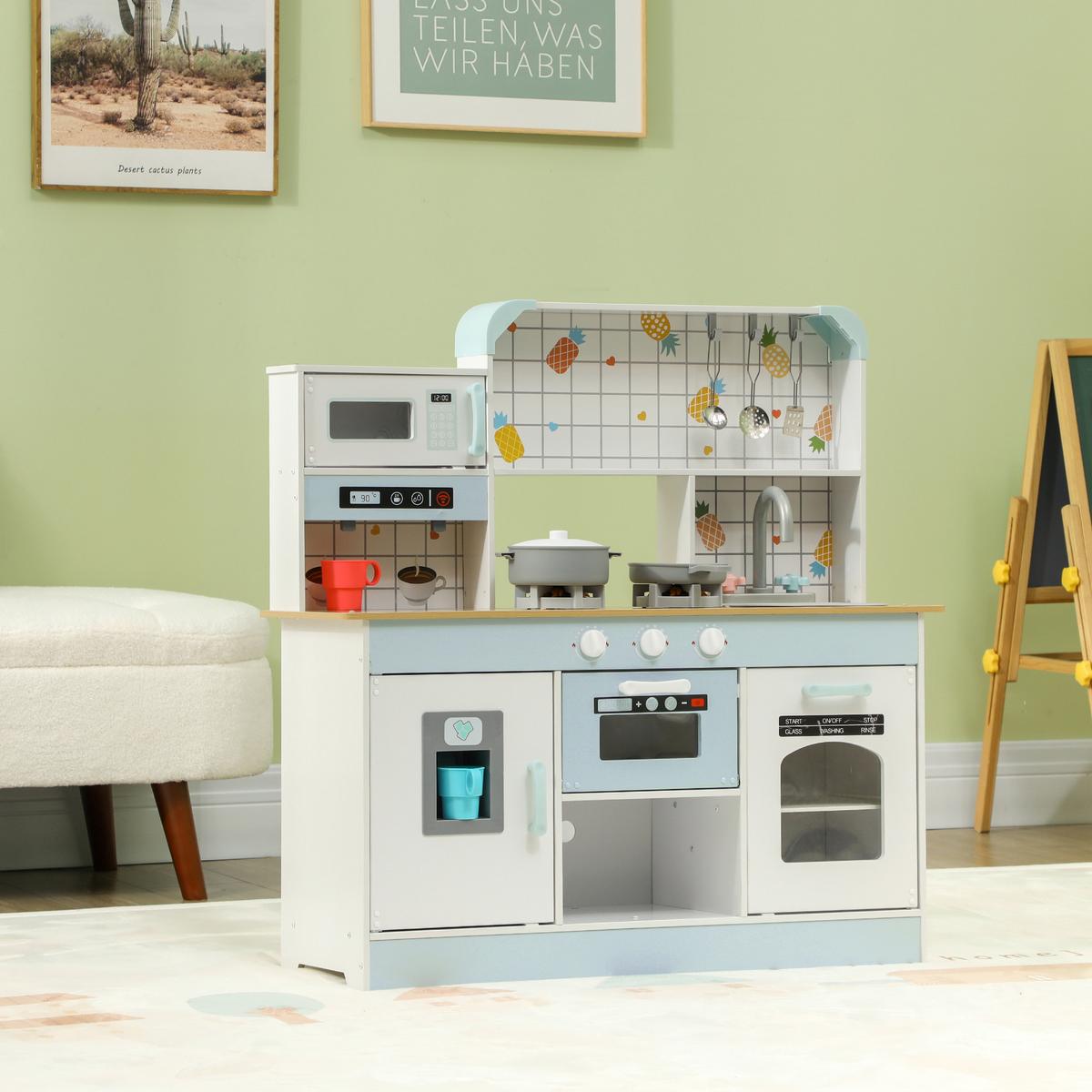 KINDERKÜCHE, Spielküche mit Lichtern, Geräuschen, Kaffeemaschine, Weiß - Weiß, Holzwerkstoff (88.6/31.7/90.4cm) - AIYAPLAY