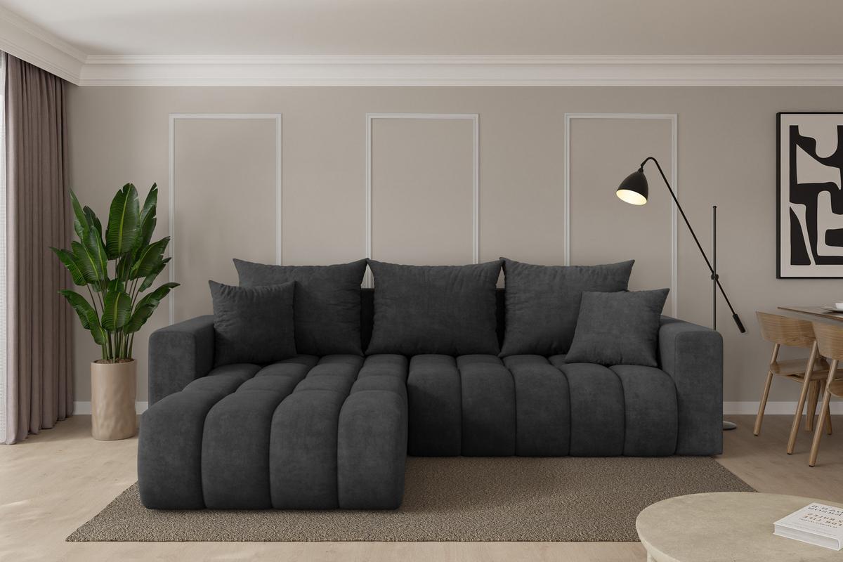ECKSOFA mit Schlaffunktion Ottomane Links MILA-L-v1 277x195x86 Dunkelgrau Velours - Anthrazit/Schwarz, Holzwerkstoff/Kunststoff (277/194cm) - ALTDECOR
