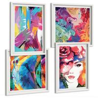 BILDER SET 4er Set - 50x50 cm & 40x60 cm Weißer Rahmen - Farbenfrohes abstraktes Porträt - Weiß, Kunststoff (50/50cm) - TULUP