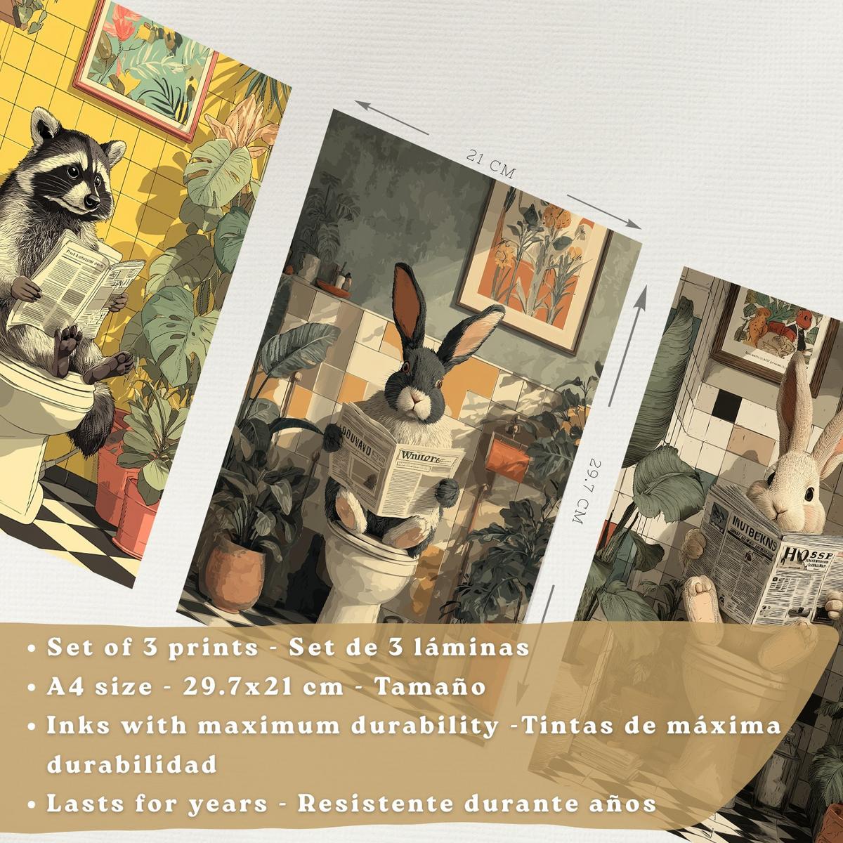 POSTER 3er-Set Tierdrucke im Badezimmer, lustige Waschbär Kaninchen-Dekorationsbilder im modernen Vintage-Stil für und Toilette Leichter Holzrahmen A4 - Beige, Papier (29.7/21/3cm) - Nacnic