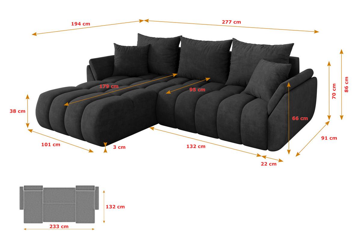 ECKSOFA mit Schlaffunktion Ottomane Links TOKO-L-v1 277x194x86 Dunkelgrau Velours - Anthrazit/Schwarz, Holzwerkstoff/Kunststoff (277/194cm) - ALTDECOR