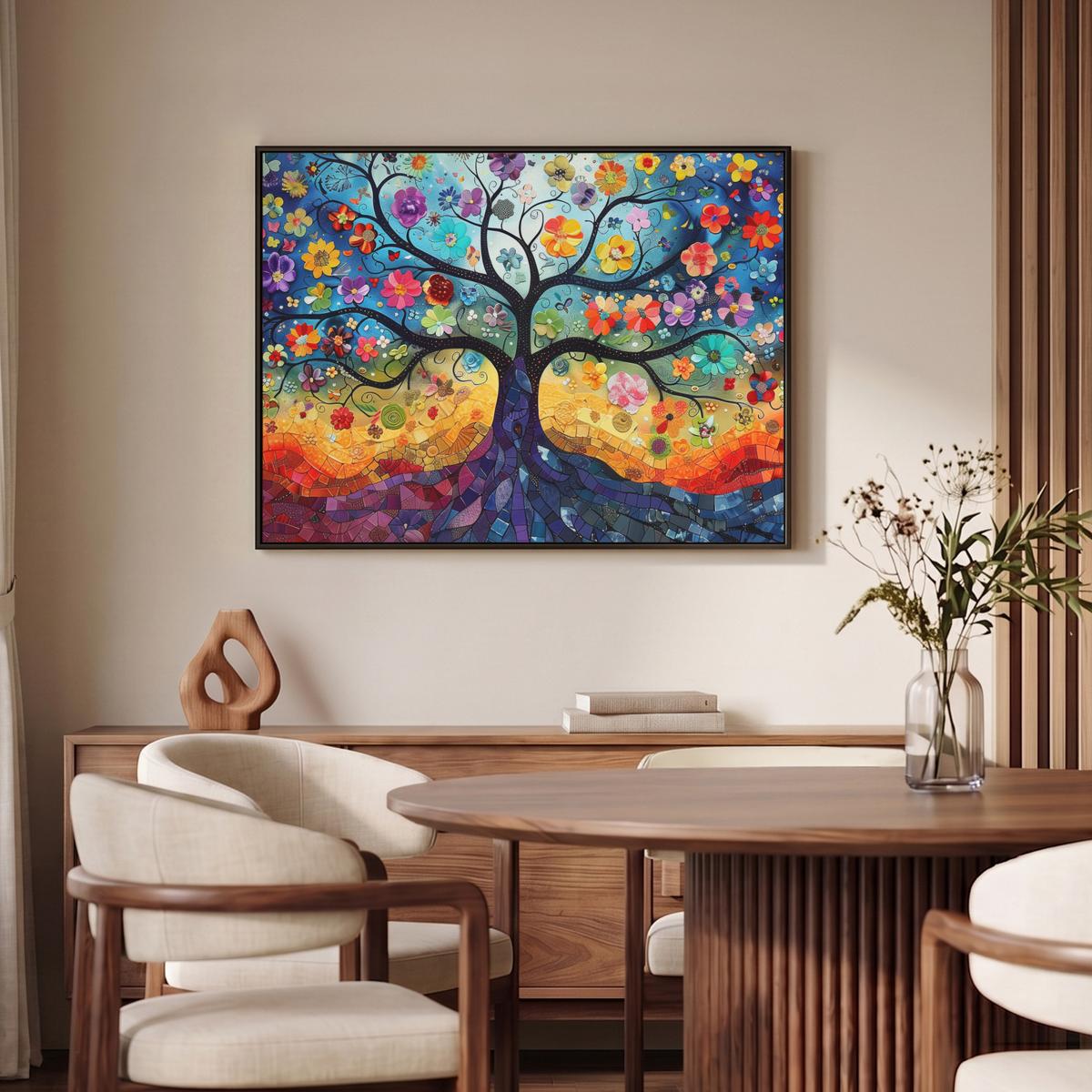LEINWAND Bilder mit Rahmen - Kunst - Baum des Lebens - Blumen - Hippie - 100x70 - Dunkelblau, Textil (100/70cm) - MuchoWow