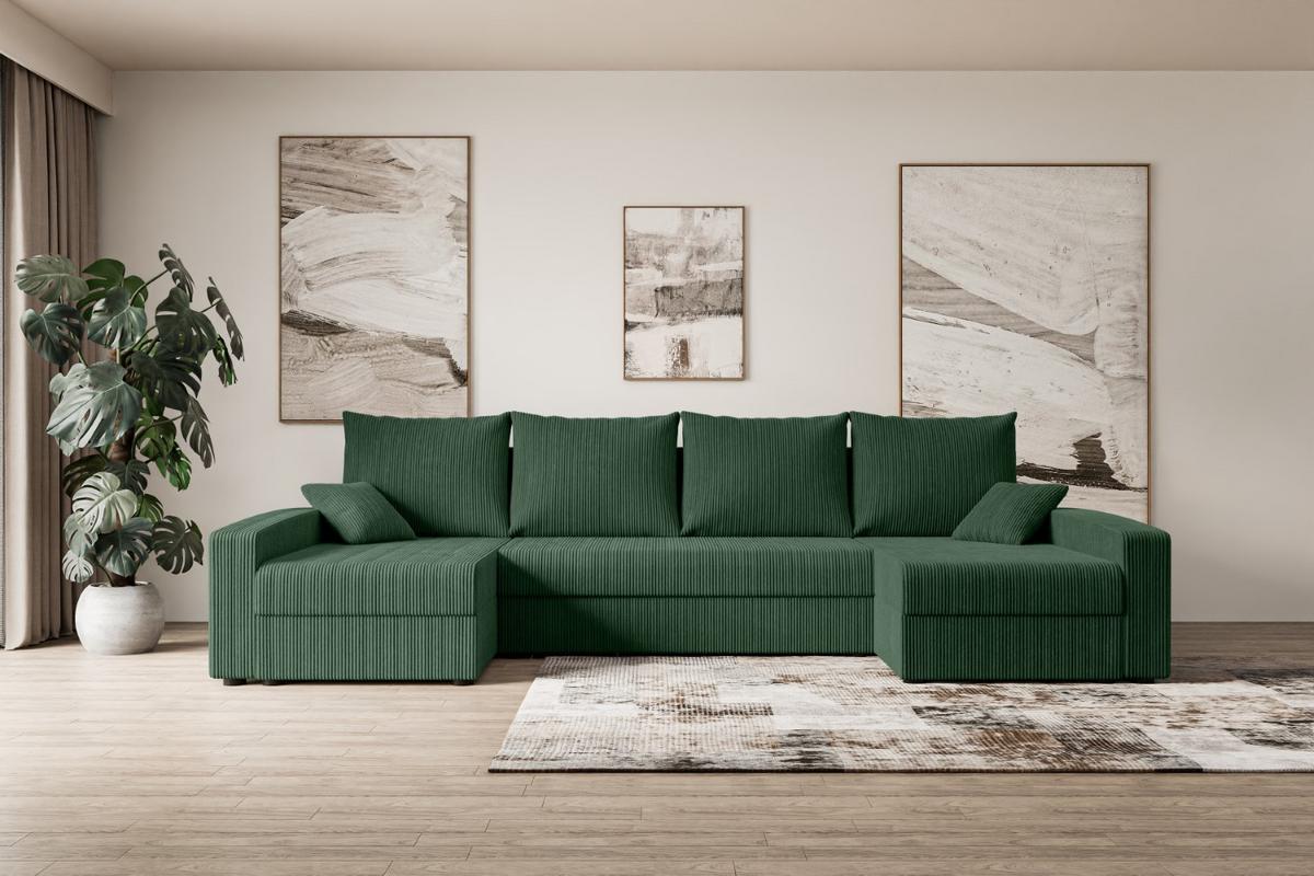 WOHNLANDSCHAFT mit Schlaffunktion und Bettkasten ALESIA-U 301x140x90 cm Grün Cord - Silberfarben/Grün, Holzwerkstoff/Kunststoff (301/90/140cm) - ALTDECOR