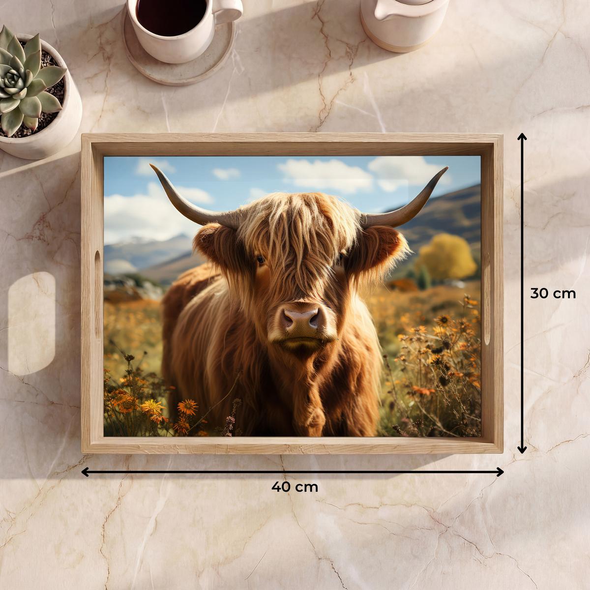 TABLETT Schottische Highlander - Blumen - Hörner - Wolken 40x30 cm - Braun, Holz (40/5/5cm) - OnlyWow