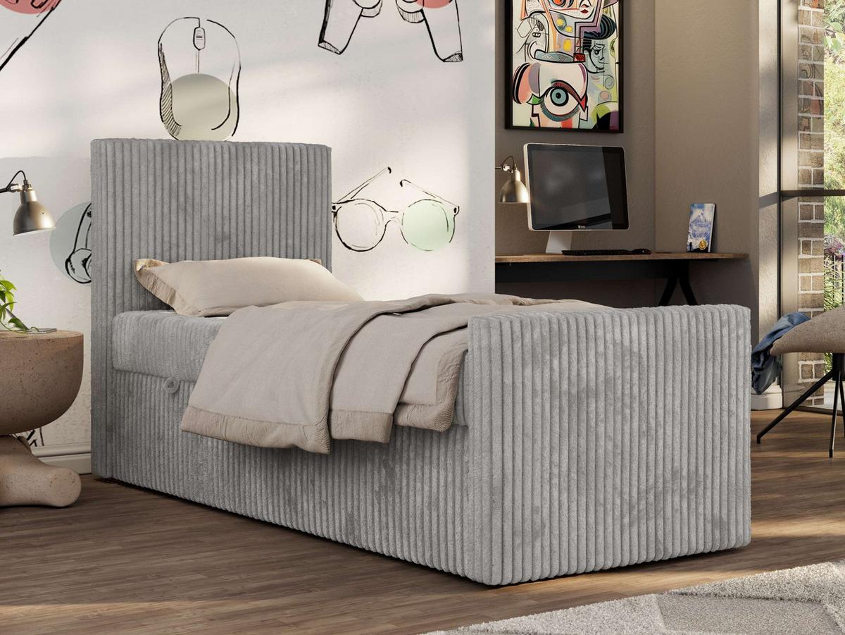 JUGENDBETT TILIO DUO 90/200 - Hellgrau Cord - H4 - Links Seite - Hellgrau, Textil (90/200cm) - MKS