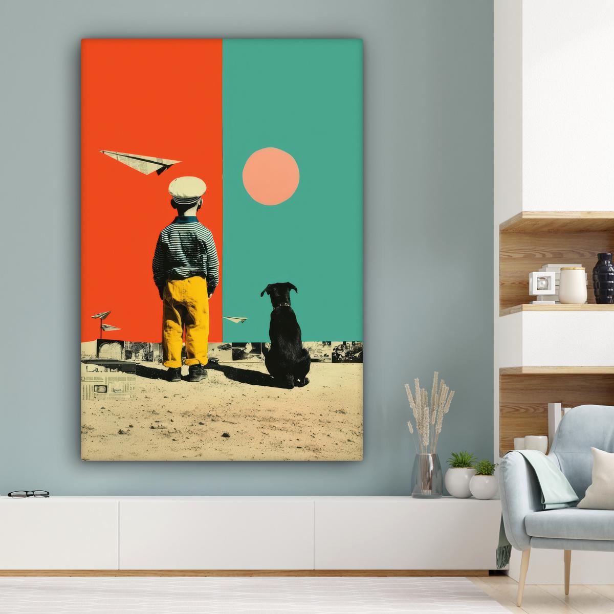 LEINWANDBILD Retro - Junge - Hund - Rot - Grün Deko Groß 90x140 cm - Orange, Textil (90/140cm) - MuchoWow
