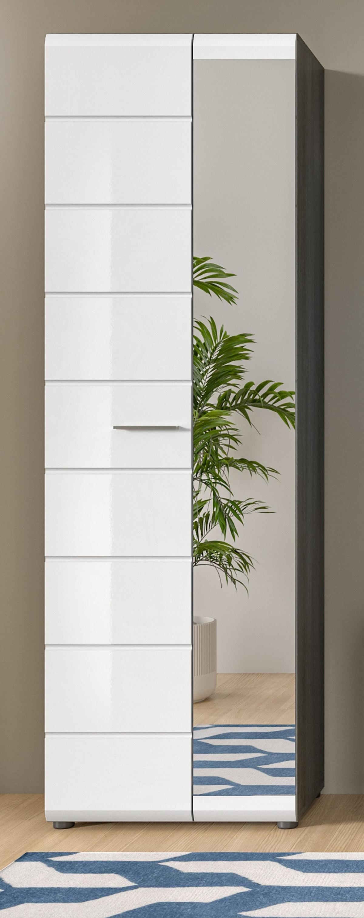 GARDEROBENSCHRANK weiß Hochglanz, grau 60 cm, Flurschrank mit Spiegeltür - Weiß Hochglanz/Silberfarben, Glas/Holzwerkstoff (60/192/37cm) - Inn.Furn