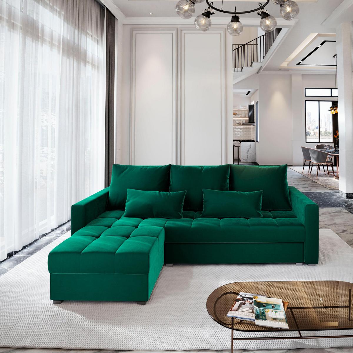ECKSOFA KOS PIK Grün Plüsch-Stoff mit Schlaffunktion - Grau/Grün, Holz/Kunststoff (220/140cm) - MASSENO