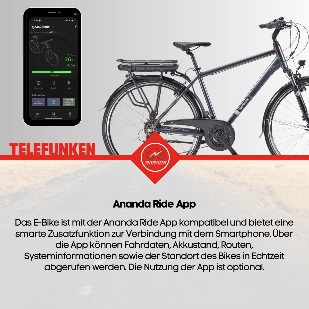 E-BIKE XT485 Trekking Elektrofahrrad 21-Gang Shimano Kettenschaltung, Pedelec, 14,5Ah, 37V Akku - Anthrazit, Metall (112cm) - Telefunken