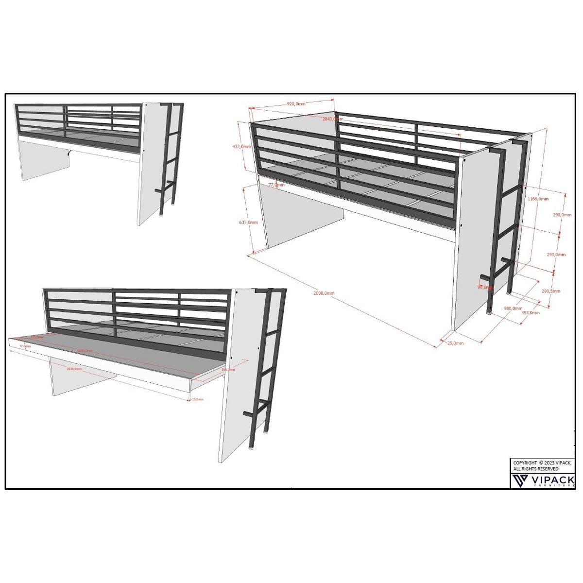HALBHOCHBETT 90x200 Keelia Eiche mit Schreibtisch Stauraum Set - Eichefarben, Kunststoff - 58aufmkessel