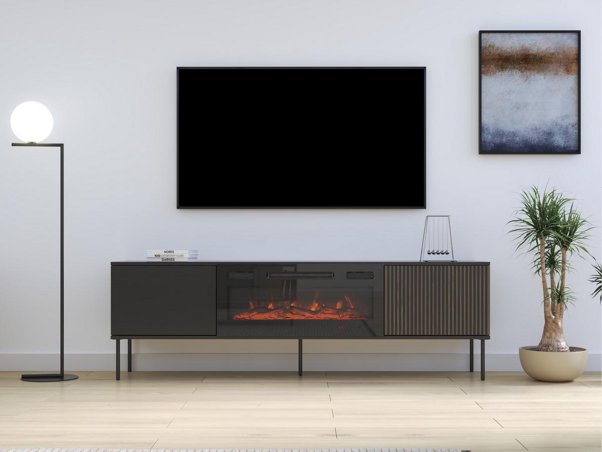 TV-LOWBOARD 180 Notte 05 mit Kamin - Nussbaumfarben/Schwarz, Holzwerkstoff/Metall (182/57/39cm) - MIRJAN24
