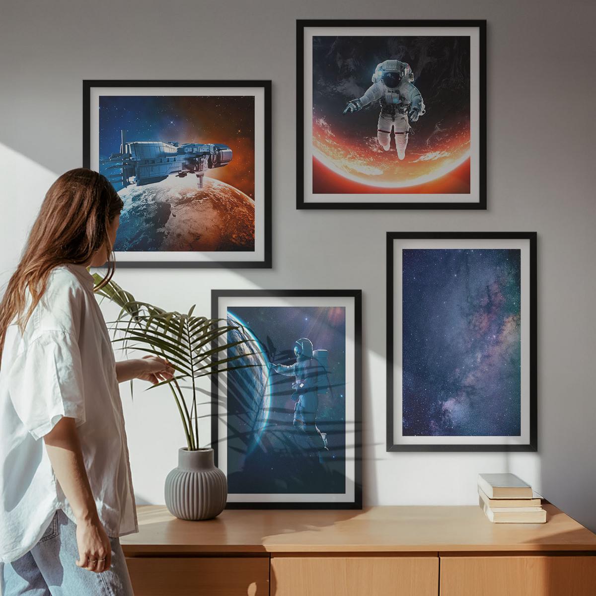 BILDER SET 4er Set - 50x50 cm & 40x60 cm Schwarzer Rahmen - Weltraum-Astronauten-Sterne - Schwarz, Kunststoff (50/50cm) - TULUP