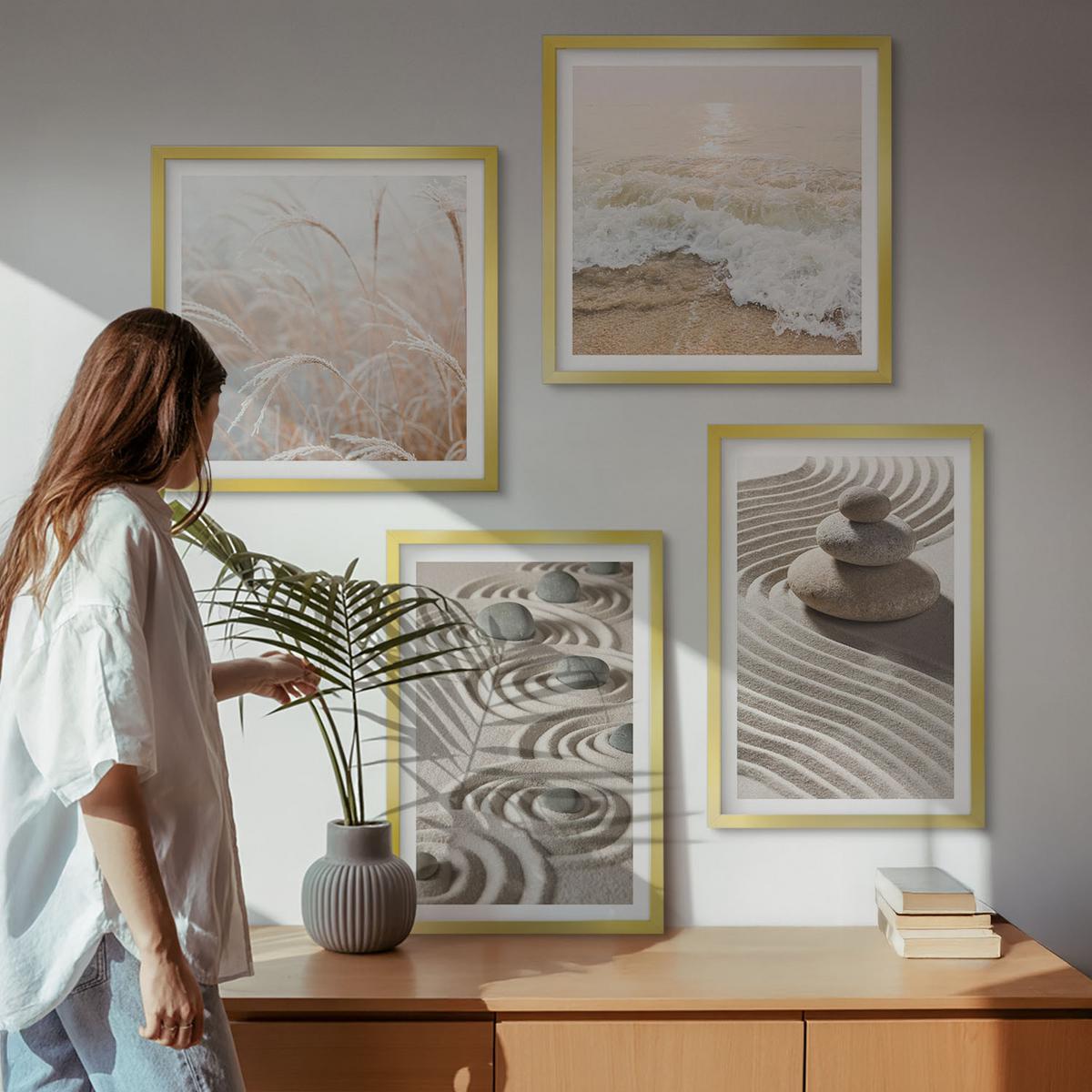 BILDER SET 4er Set - 50x50 cm & 40x60 cm Goldrahmen - Wellen, Sand, Wasser, Steine, Strand - Goldfarben, Kunststoff (50/50cm) - TULUP