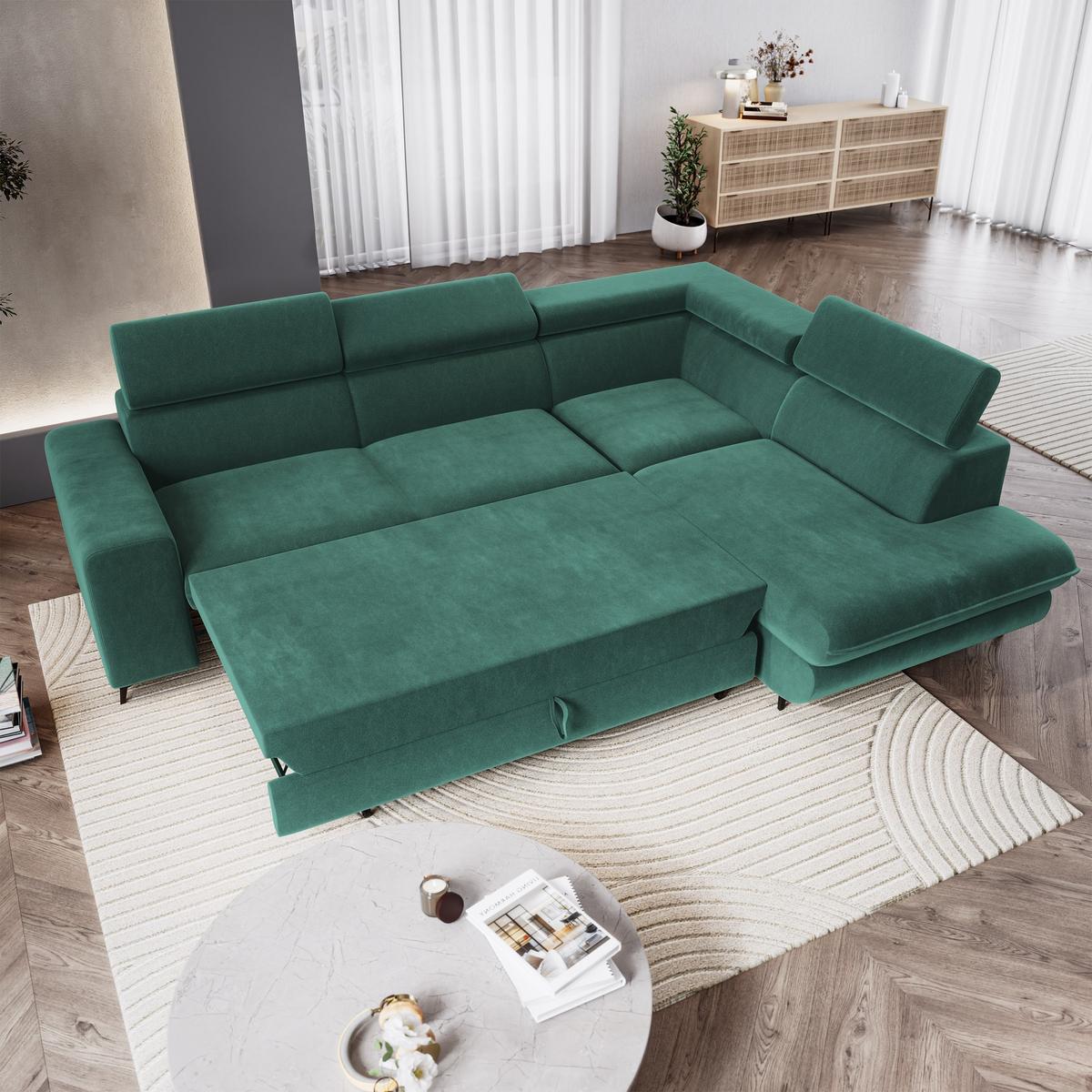 ECKSOFA VELISS Blau Veloursstoff mit Schlaffunktion - Blau, Holz (255/193cm) - MASSENO