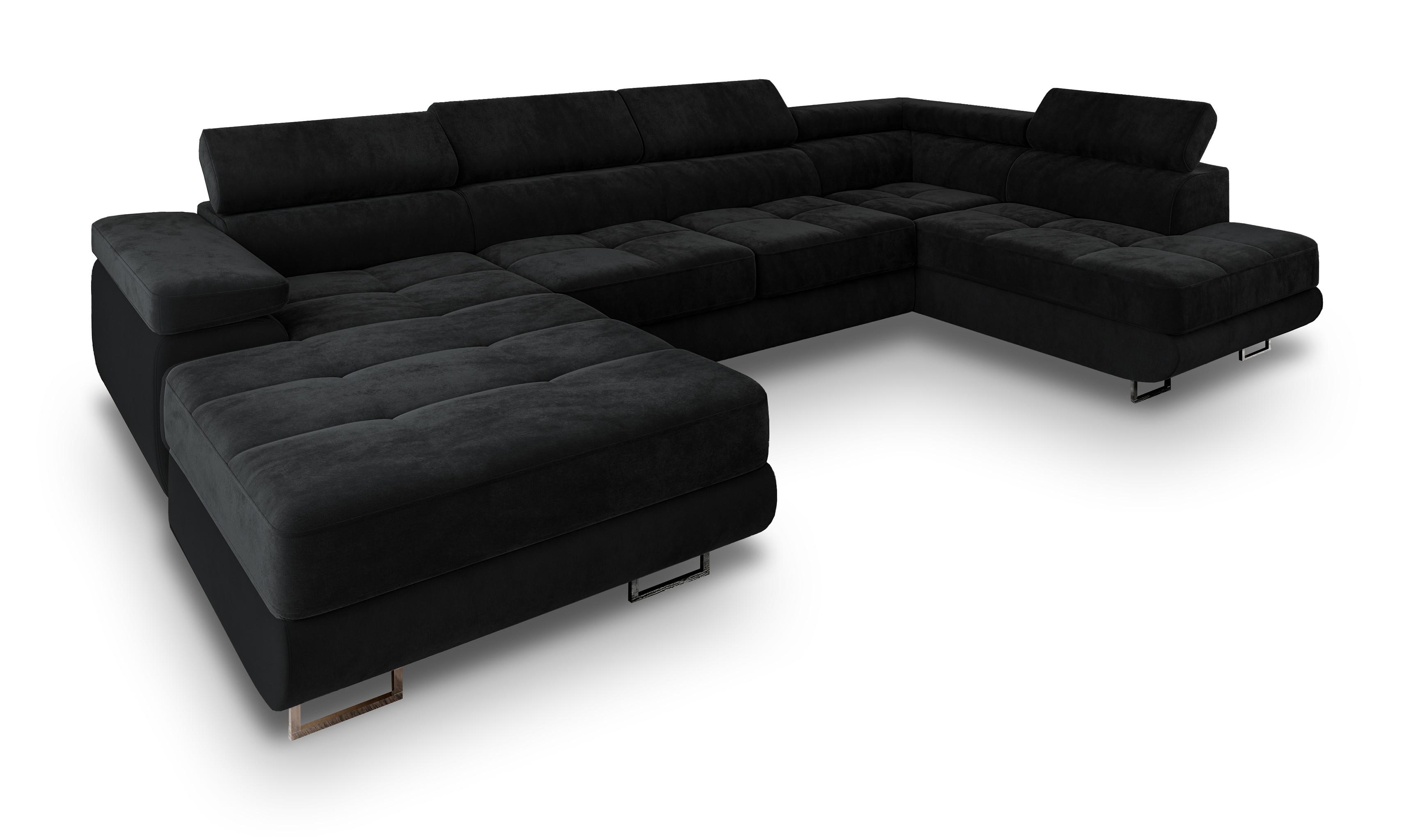 WOHNLANDSCHAFT CASONE R-S Schwarz Velours-Stoff mit Schlaffunktion - Silberfarben/Schwarz, Holz/Textil (345/90/202cm) - MASSENO