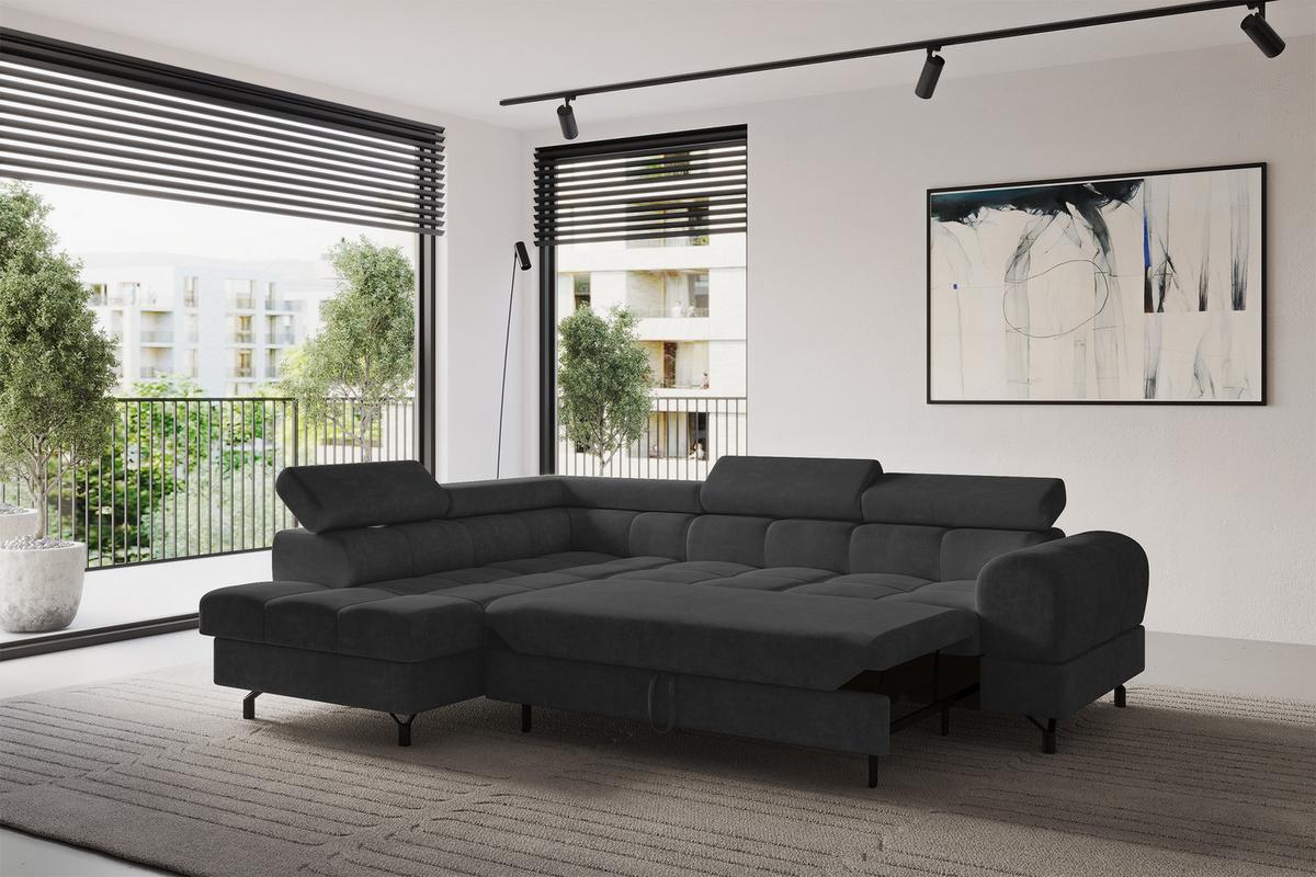 ECKSOFA mit Schlaffunktion Ottomane Links LUMA-L 272x203x70 Schwarz Velours - Schwarz, Holzwerkstoff/Kunststoff (272/203cm) - ALTDECOR