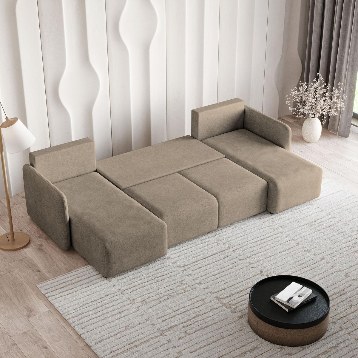WOHNLANDSCHAFT NUBERO Braun Geflochtener Stoff mit Schlaffunktion - Braun, Holz (285/85/143cm) - MASSENO