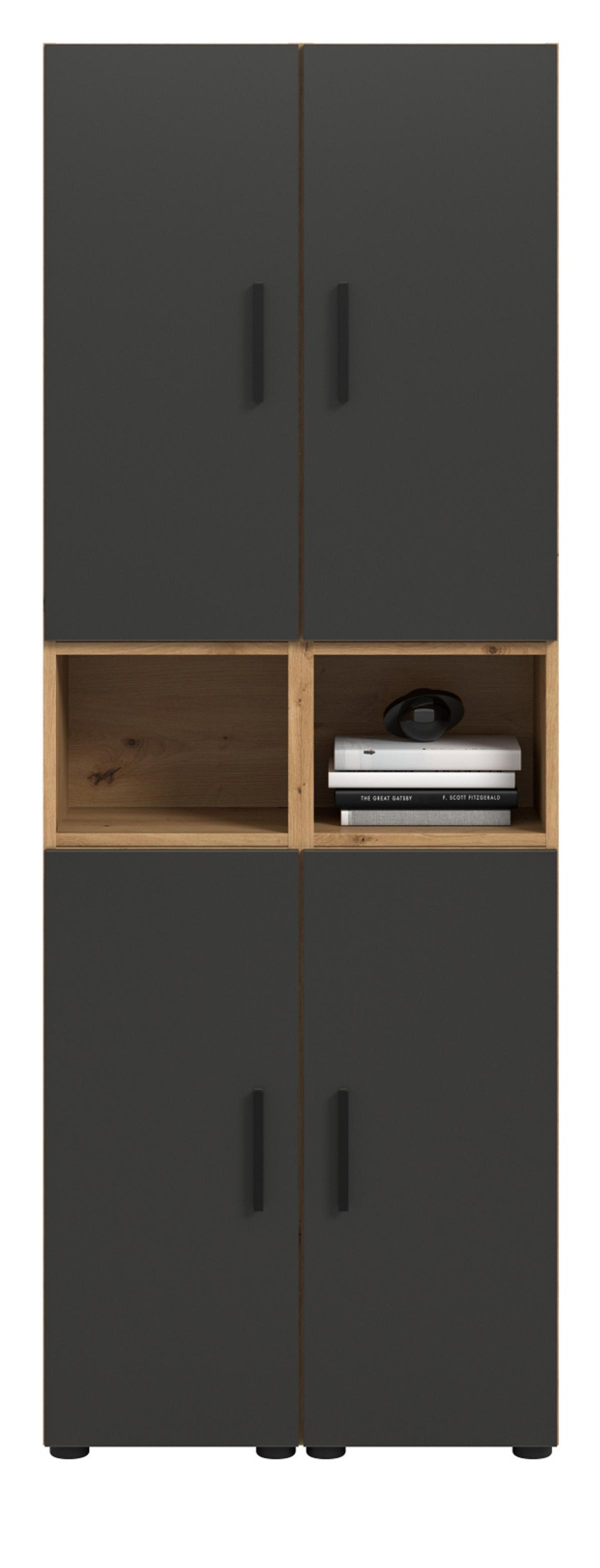 STAURAUMSCHRANK grau, Eiche Artisan 65 x 178 cm, Mehrzweckschrank mit viel Stauraum - Schwarz/Eiche Artisan, Holzwerkstoff/Kunststoff (65/178/34cm) - Inn.Furn