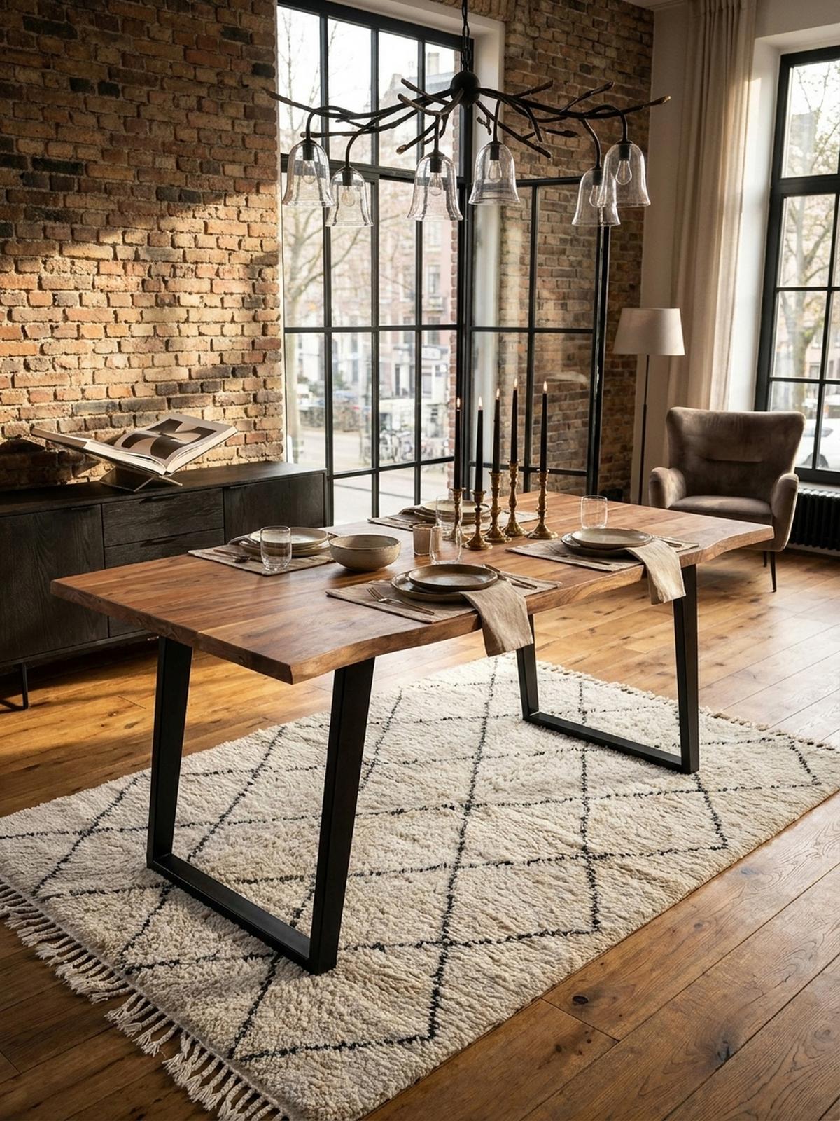 ESSTISCH Massivholz Baumkante Metall U-Gestell Handgefertigt ATOLL, Goldbraun-Schwarz 160x80x76 cm - Schwarz/Braun, Holz/Metall (80/160/76cm) - KADIMA DESIGN
