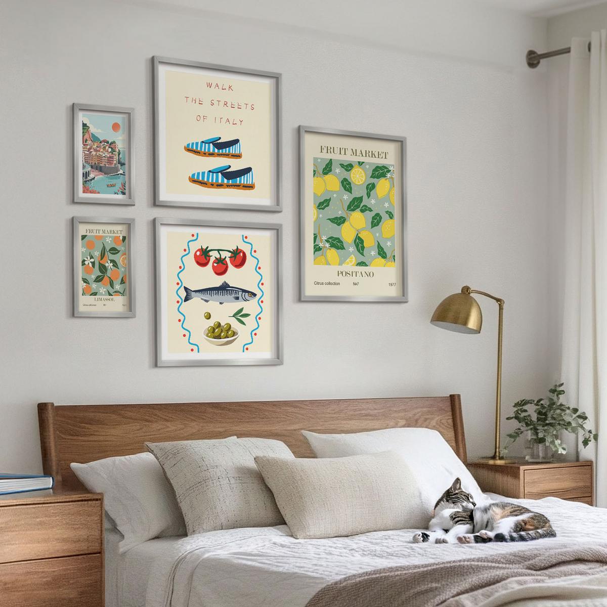 BILDER SET 5er Set - 50x50 cm & 20x30 cm & 40x60 cm Silberner Rahmen - Italienische Poster mit Fruchtmotiven - Silberfarben, Kunststoff (40/60cm) - TULUP