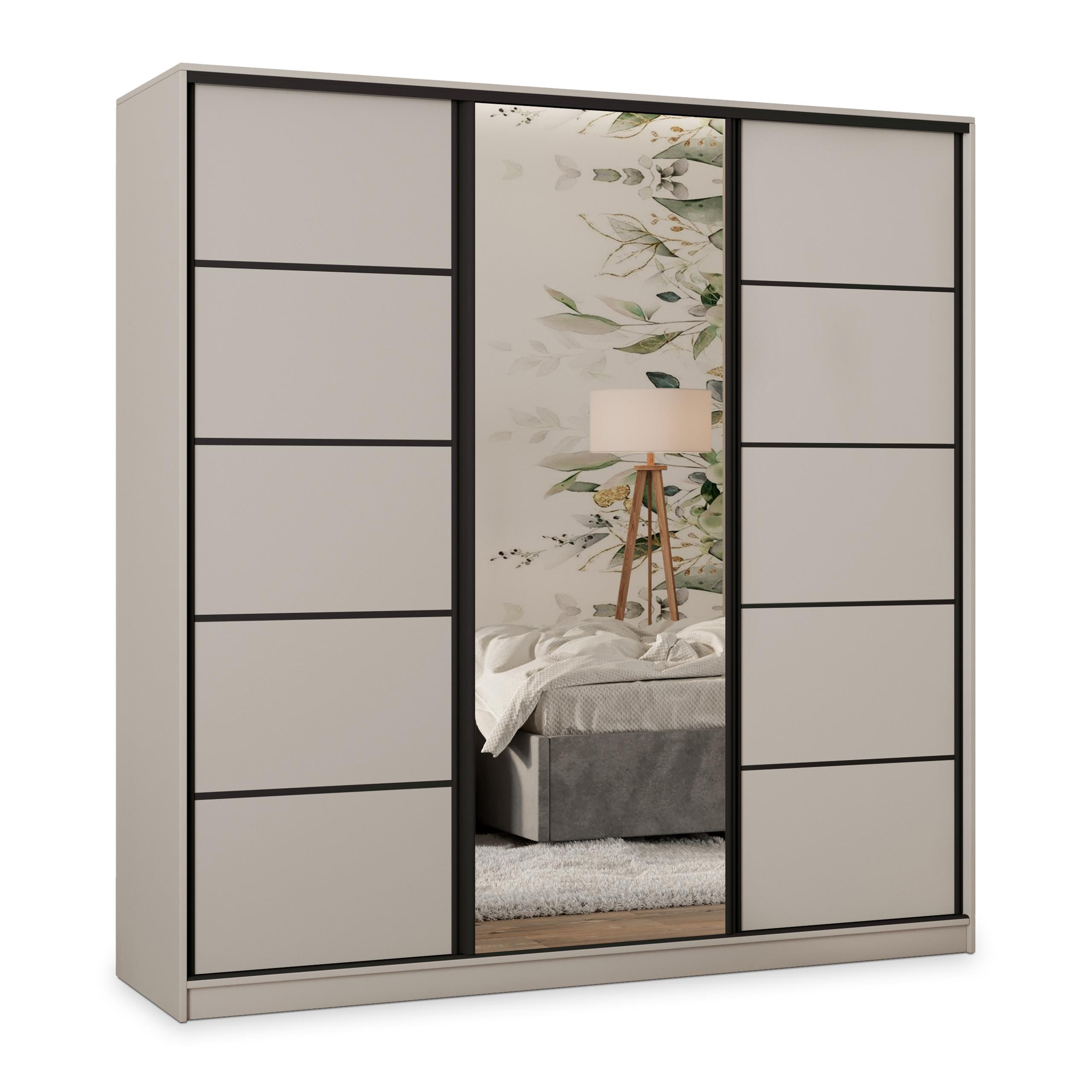 SCHWEBETÜRENSCHRANK PINA 180/205/58 cm 3-türig mit Spiegel und Schubladen Kaschmir - Kaschmir/Schwarz, Holzwerkstoff (180/205/58cm) - MASSENO