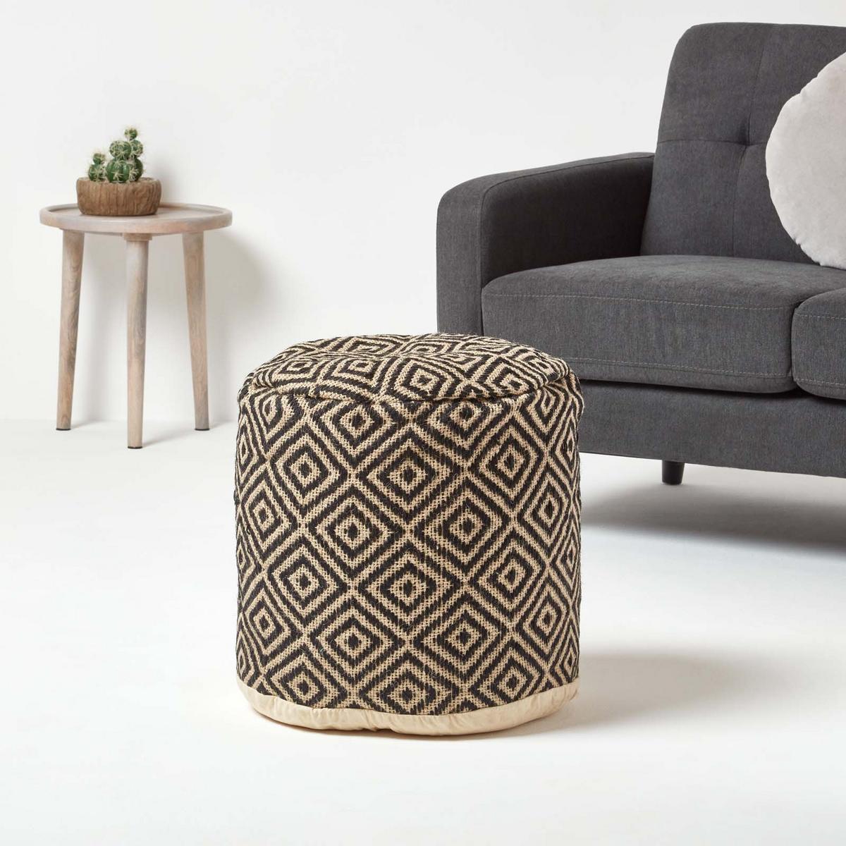 SITZPOUF rund mit Ethno-Muster, 40/40/45 cm - Schwarz, Textil (45/40/45cm) - Homescapes