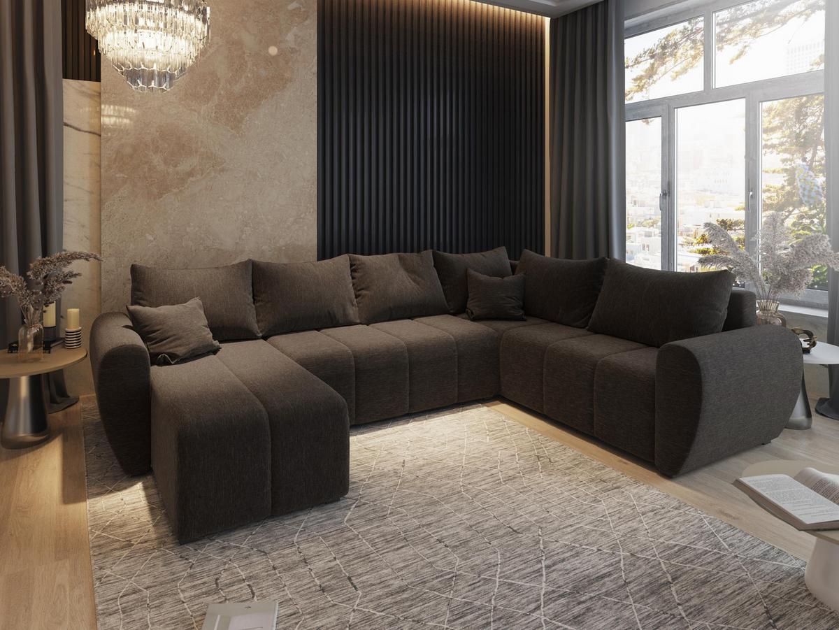 WOHNLANDSCHAFT MADISON XL R-S Braun Dünner Stoff mit Schlaffunktion - Schwarz/Braun, Holz/Kunststoff (303/82/208cm) - MASSENO