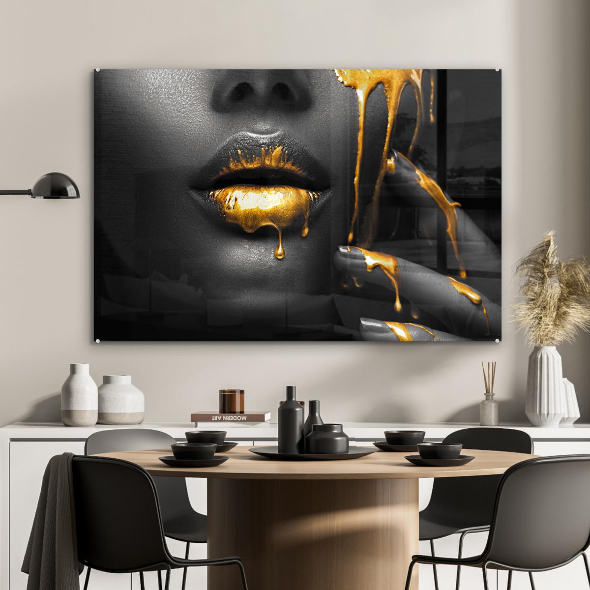 ACRYLGLASBILD Frau - Schwarz - Gold - Gesicht - Lippen Room Decor 90x60 cm - Goldfarben, Glas (90/60cm) - MuchoWow