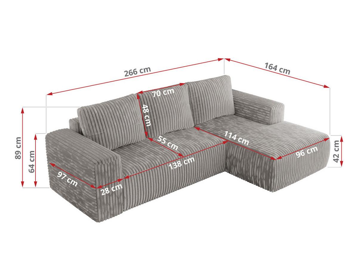 ECKSOFA TRENTINO L Hellgrau Cord - Rechts - Hellgrau/Schwarz, Kunststoff/Textil (164/266cm) - MKS