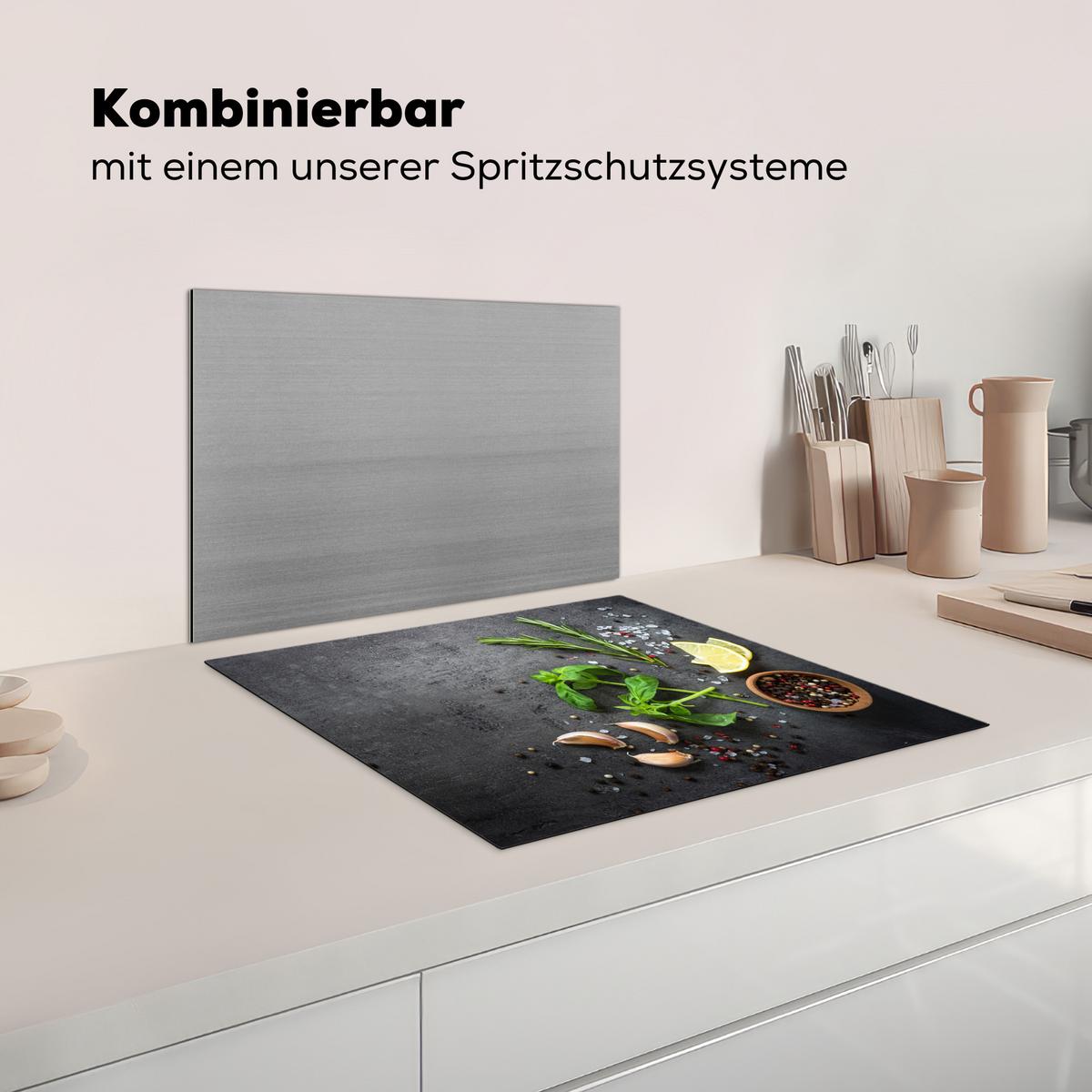 HERDABDECKPLATTE Limette - Kräuter - Gewürze - Grün - Grau - Beton Ceranfeldabdeckung 59x52 cm - Grün, Kunststoff (59/52/0.2cm) - MuchoWow