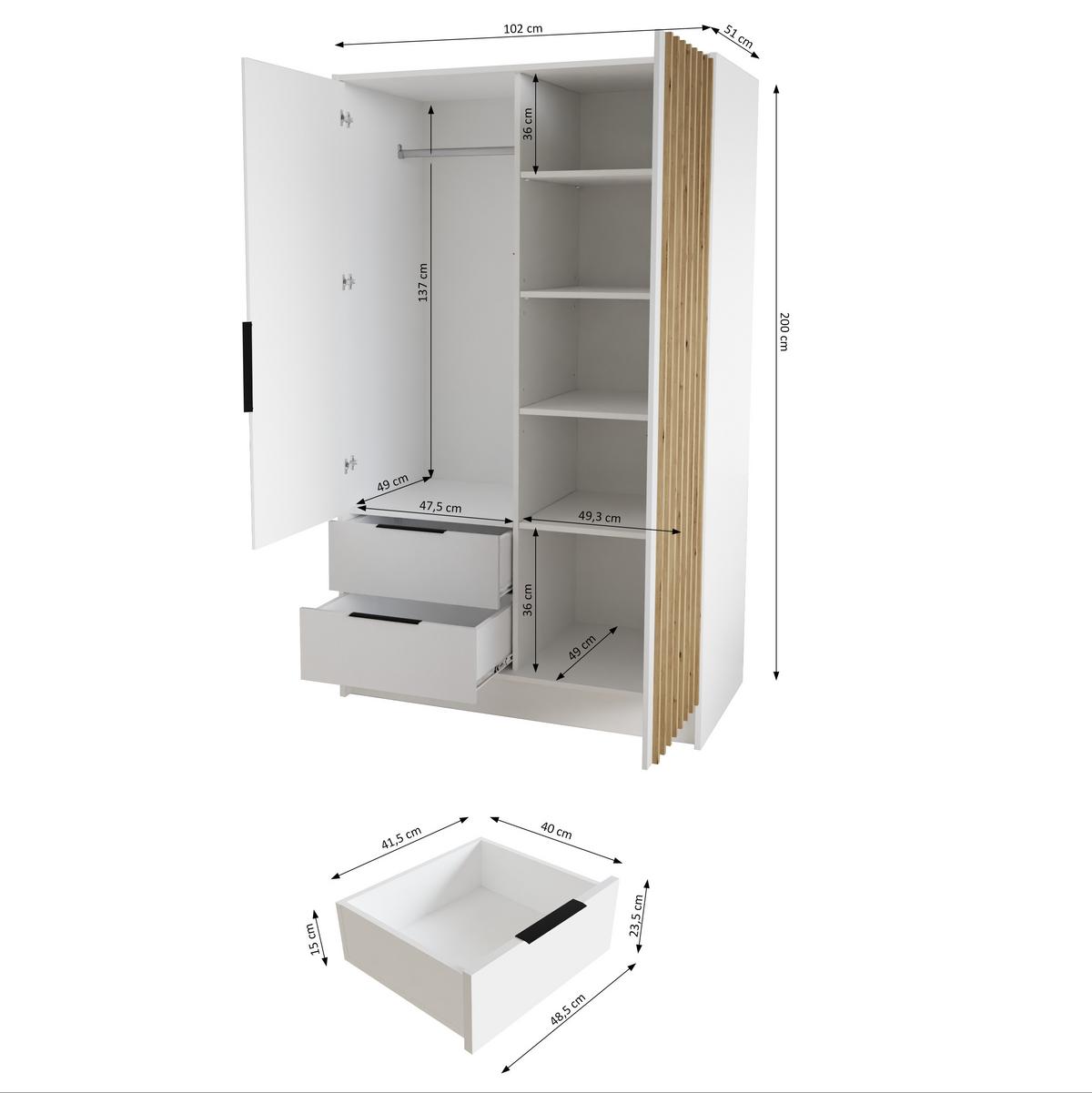 KLEIDERSCHRANK NERA - 120 cm - Schwarz|Weiß|Eiche Artisan - Schwarz/Weiß, Holzwerkstoff (102/200/51cm) - ALTDECOR