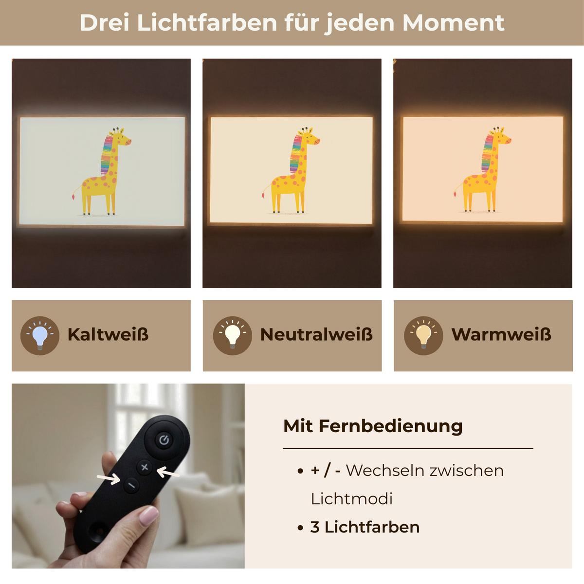NACHTTISCHLAMPE MIT AKKU Giraffe - Regenbogenmähne - Beige 100x70 cm - Beige, Holzwerkstoff (8/100/70cm) - OnlyWow