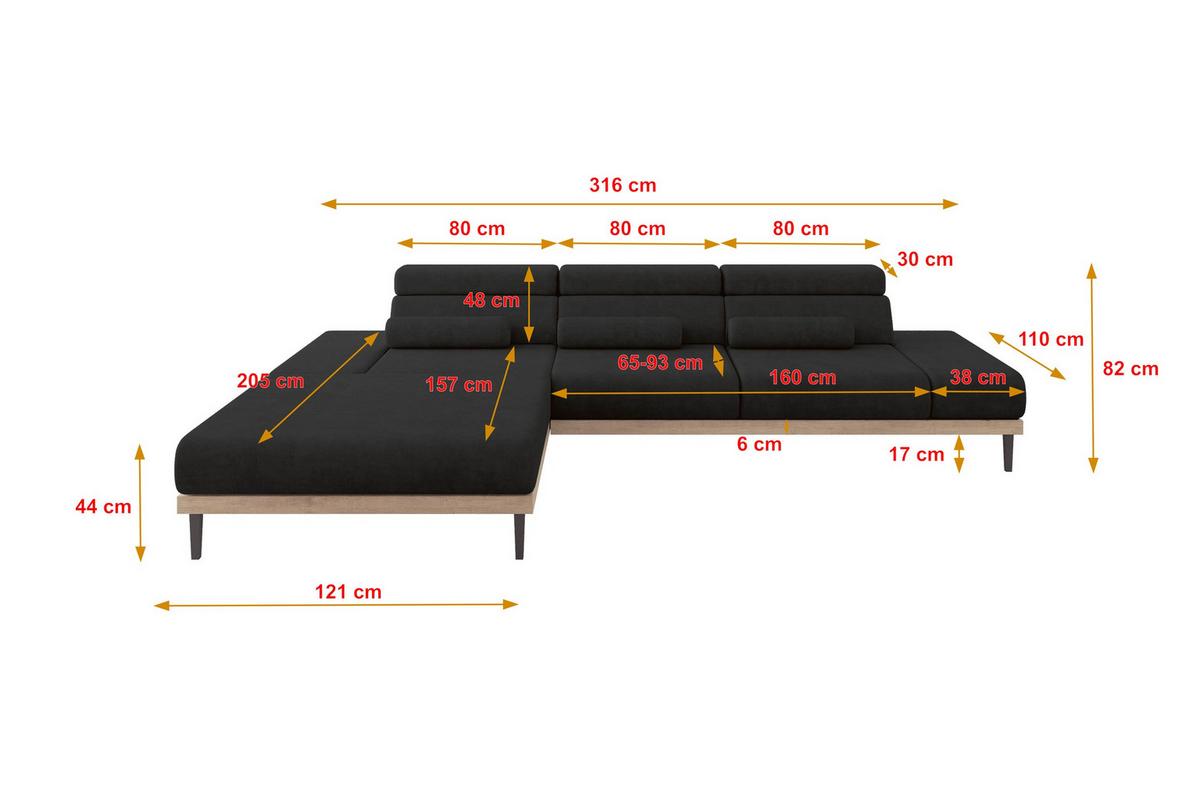ELEKTRISCHES ECKSOFA Links MONA 316x205x85 Schwarz Velours - Schwarz/Graphitfarben, Holzwerkstoff/Textil (316/205cm) - ALTDECOR