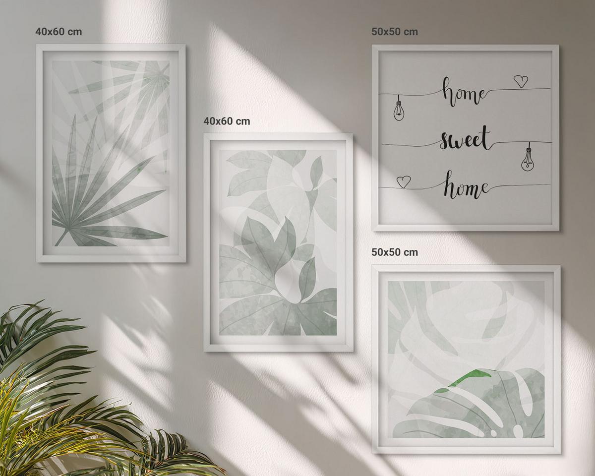 BILDER SET 4er Set - 50x50 cm & 40x60 cm Weißer Rahmen - Die Blätter der Pflanzen sind grünlich-grau. - Weiß, Kunststoff (50/50cm) - TULUP