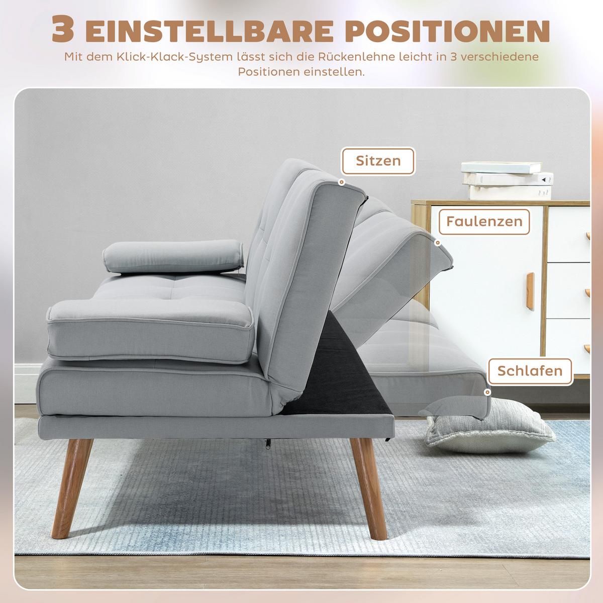 SCHLAFSOFA Sofabett Schlafcouch 3 Sitzer Leinen Hellgrau - Hellgrau/Naturfarben, Holz/Textil (77/78/181cm) - HOMCOM