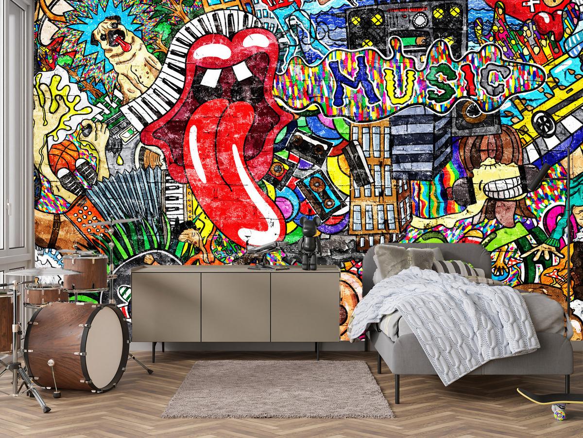 FOTOTAPETE für Jugendzimmer GRAFFITI Musik Abstrakt Farben 100x70 - Blau/Gelb, Papier (100/70cm) - Muralo