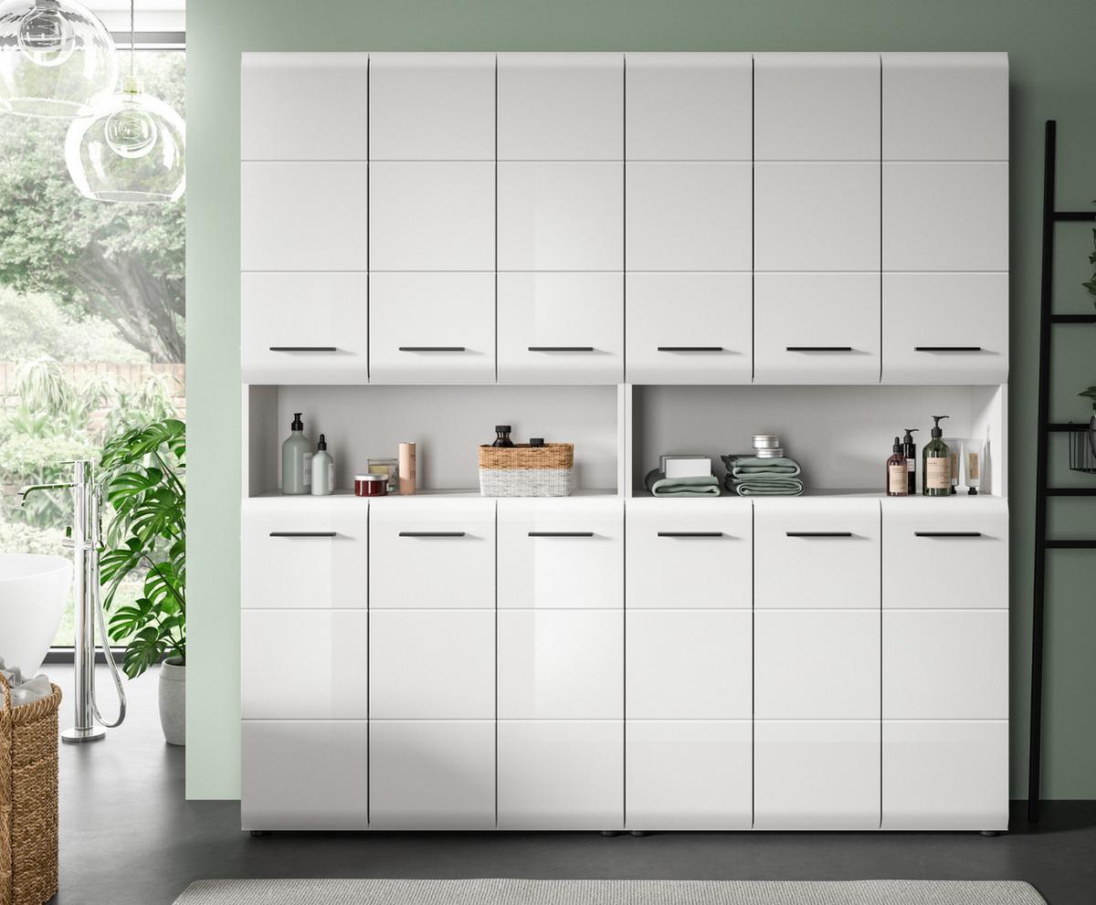 HOCHSCHRANK weiß Hochglanz 180 cm, Badezimmer Schrank mit viel Stauraum - Weiß Hochglanz/Silberfarben, Holzwerkstoff/Kunststoff (180/185/30cm) - Inn.Furn