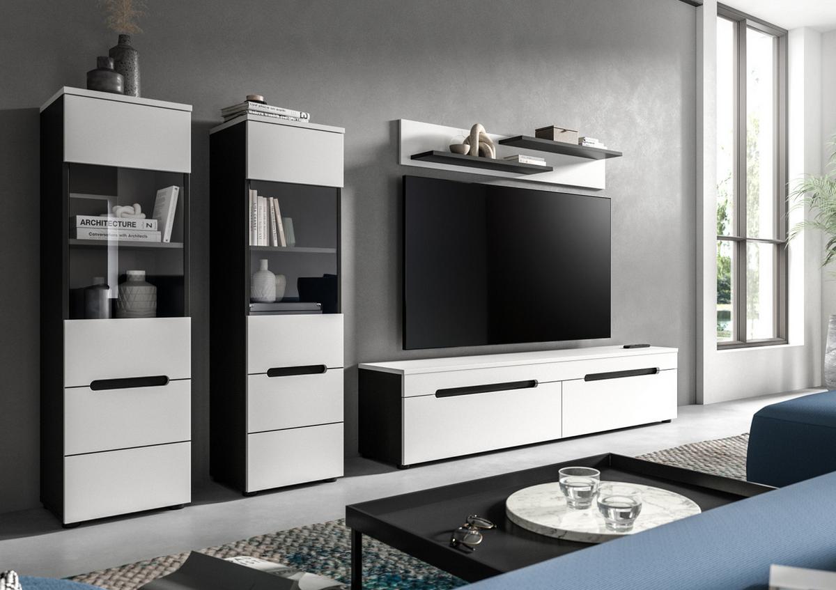 WOHNWAND weiß, grau, Wohnkombination 4-teilig hängend / stehend 272 cm, Cooper - Schwarz/Weiß, Glas/Holzwerkstoff (272/141/33cm) - Inn.Furn