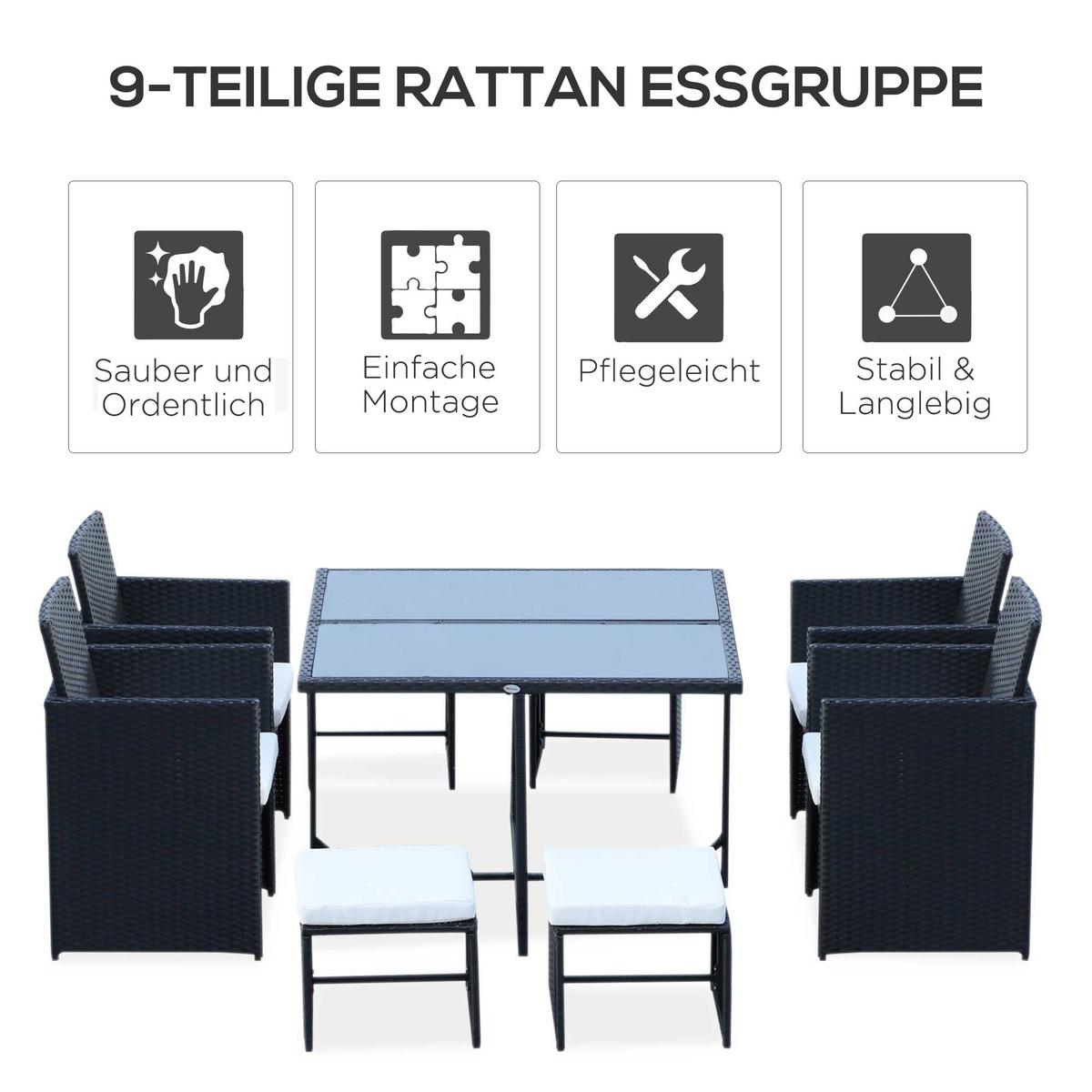 POLYRATTAN Gartenmöbel Rattan Gartenset inkl. Kissen Schwarz 109 x 109 x 72 cm - Schwarz, Kunststoff - Outsunny