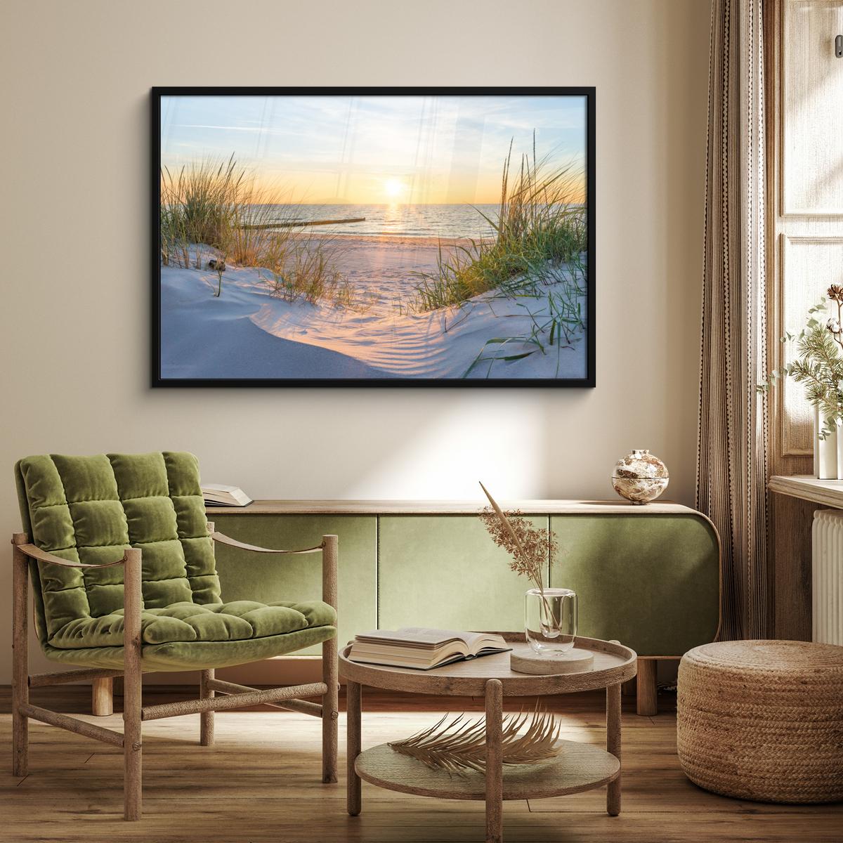 POSTER MIT RAHMENGERAHMTES BILD Strand - Sonne - Düne - Gras - Sand - Horizont 120x80 cm - Hellblau, Papier (120/80cm) - MuchoWow